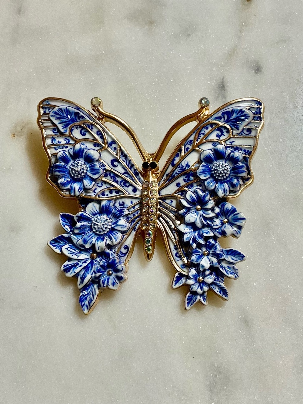 Delicate Enamel Blue Floral Butterfly Brooch